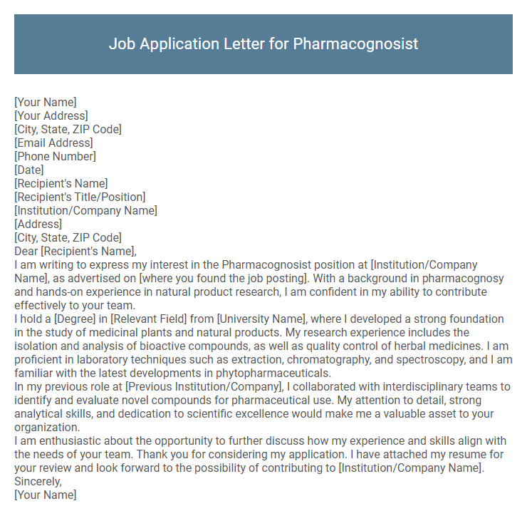 Job Application Letter for Pharmacognosist