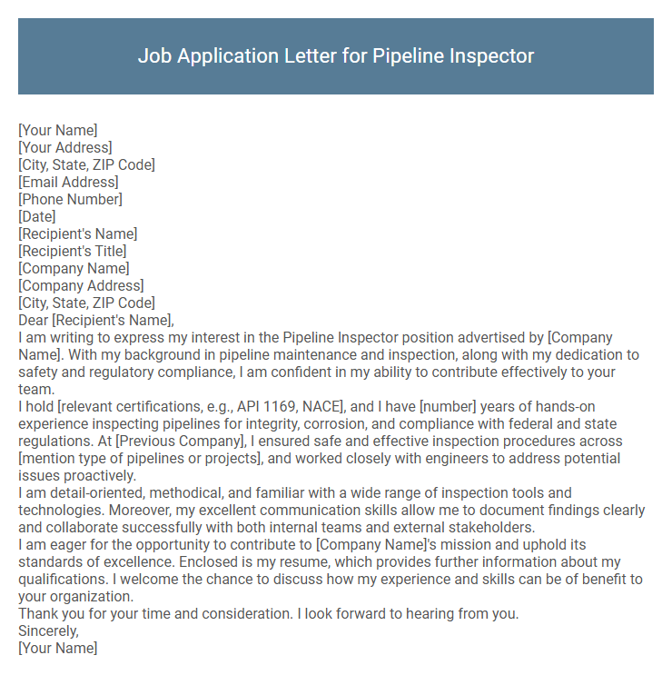 Job Application Letter for Pipeline Inspector
