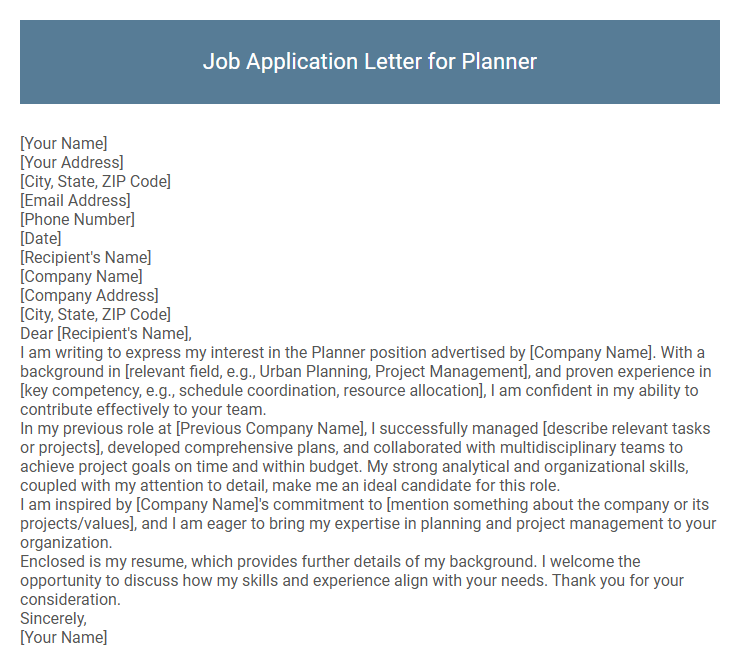 Job Application Letter for Planner