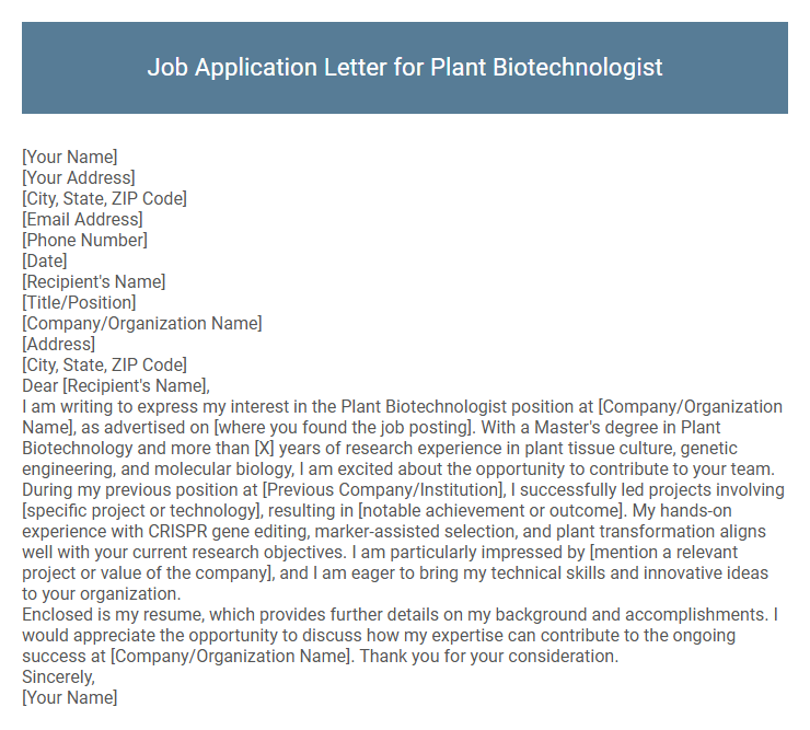 Job Application Letter for Plant Biotechnologist