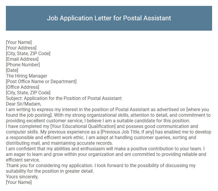 Job Application Letter for Postal Assistant