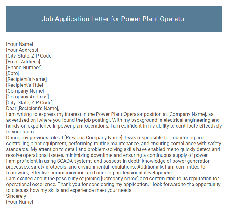 Job Application Letter for Power Plant Operator