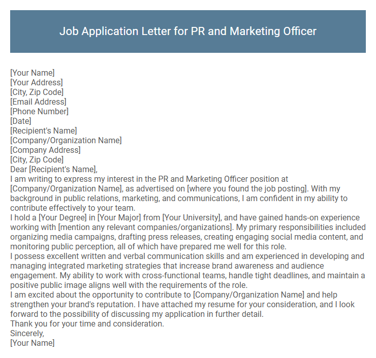 Job Application Letter for PR and Marketing Officer