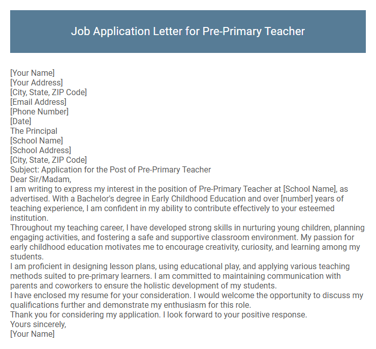 Job Application Letter for Pre-Primary Teacher