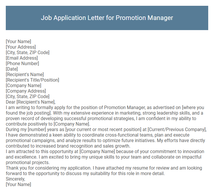 Job Application Letter for Promotion Manager