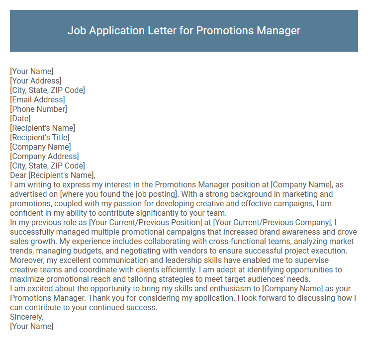 Job Application Letter for Promotions Manager