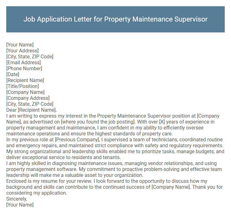 Job Application Letter for Property Maintenance Supervisor