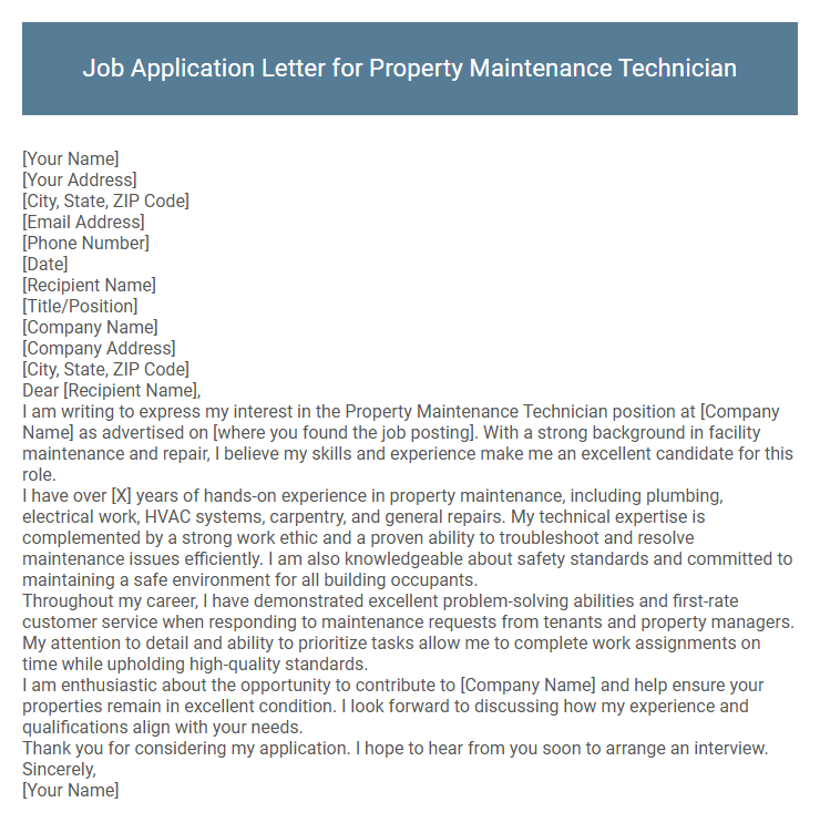 Job Application Letter for Property Maintenance Technician