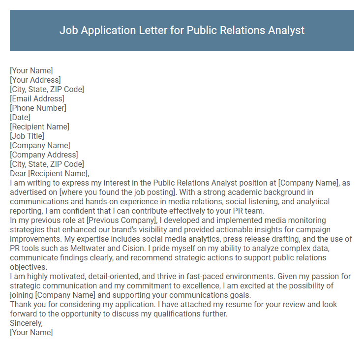Job Application Letter for Public Relations Analyst