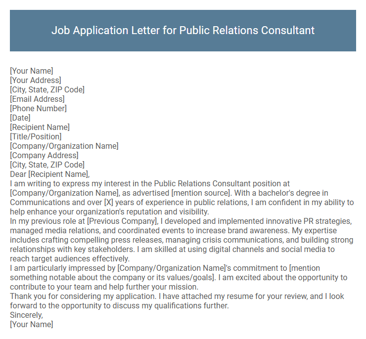 Job Application Letter for Public Relations Consultant