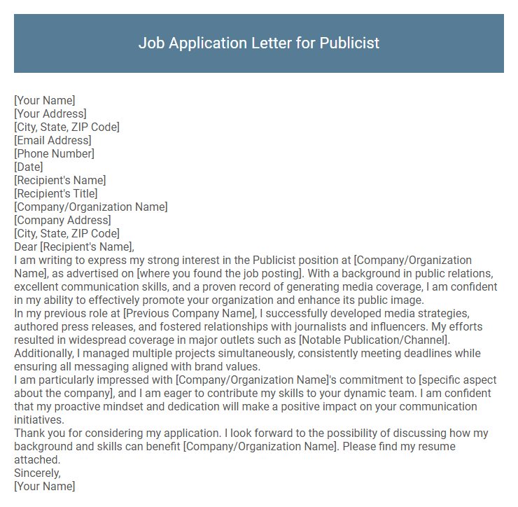 Job Application Letter for Publicist