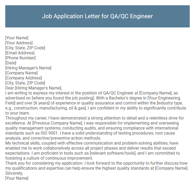 Job Application Letter for QA/QC Engineer