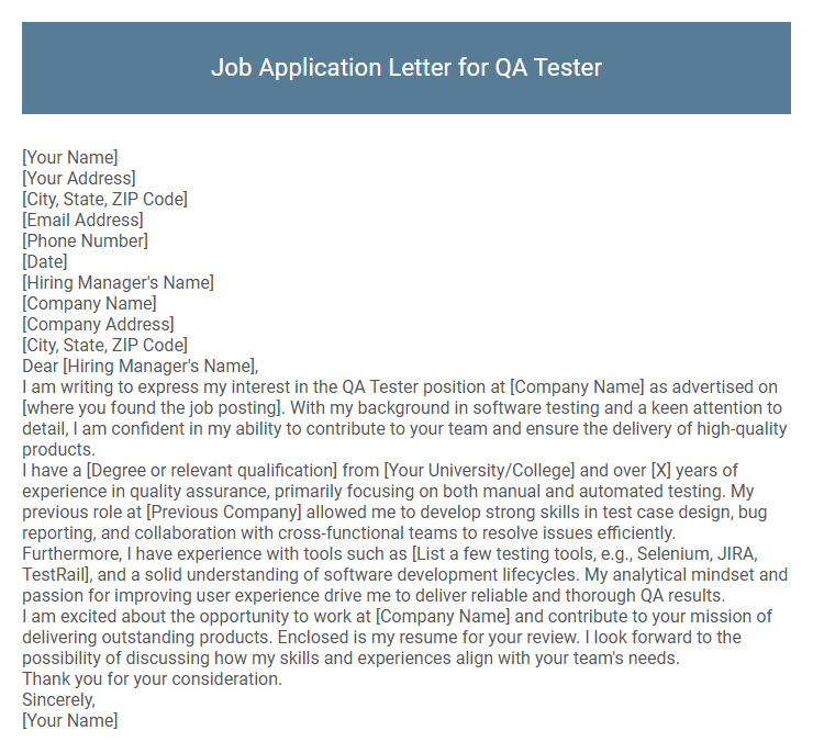 Job Application Letter for QA Tester