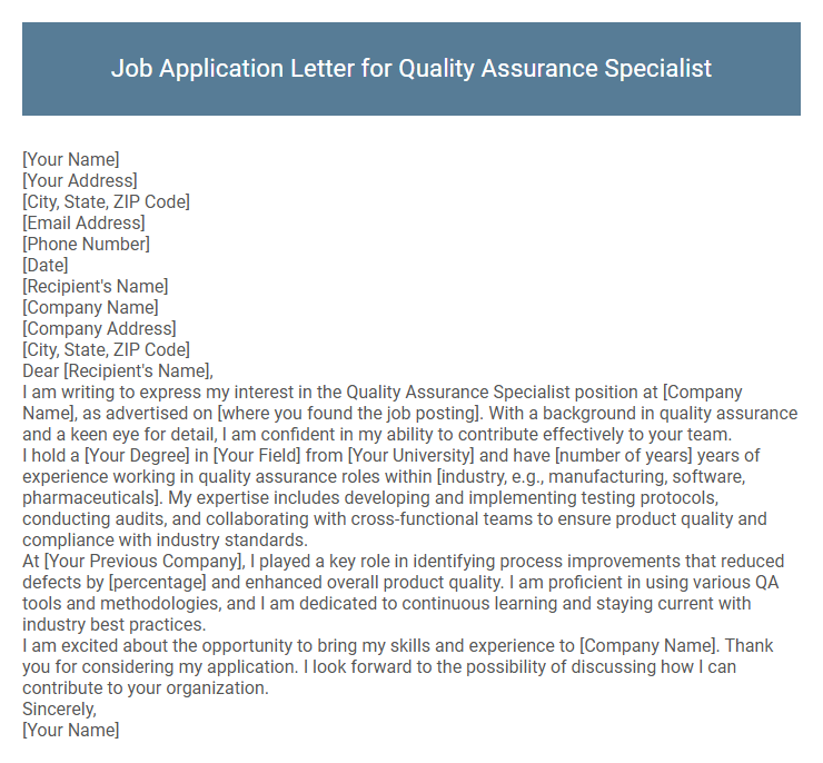 Job Application Letter for Quality Assurance Specialist