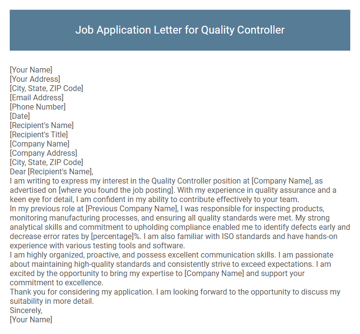 Job Application Letter for Quality Controller