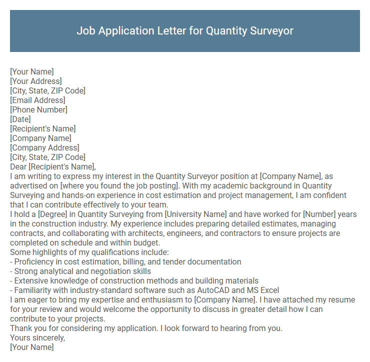 Job Application Letter for Quantity Surveyor