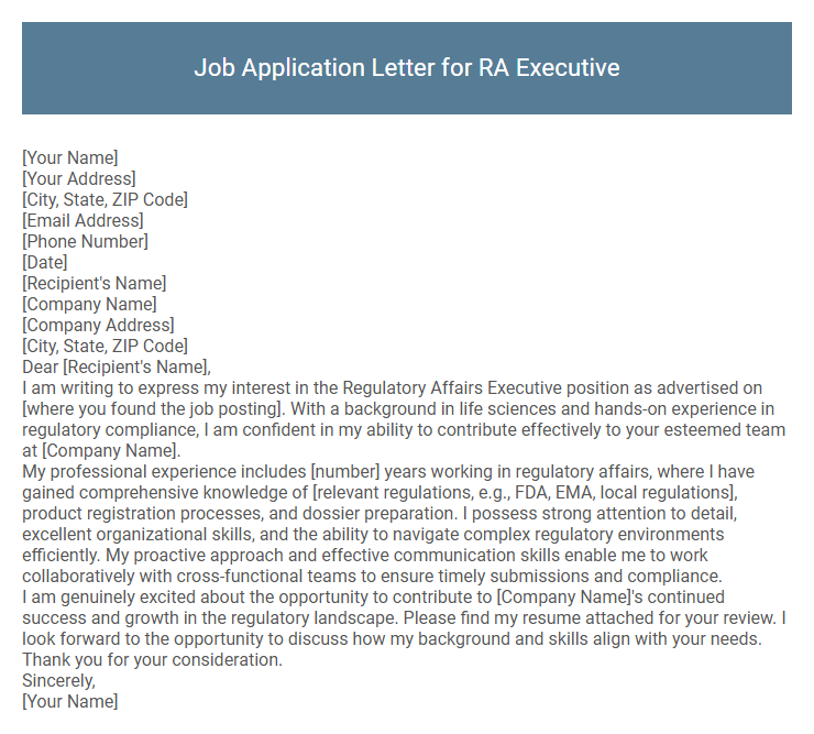 Job Application Letter for RA Executive