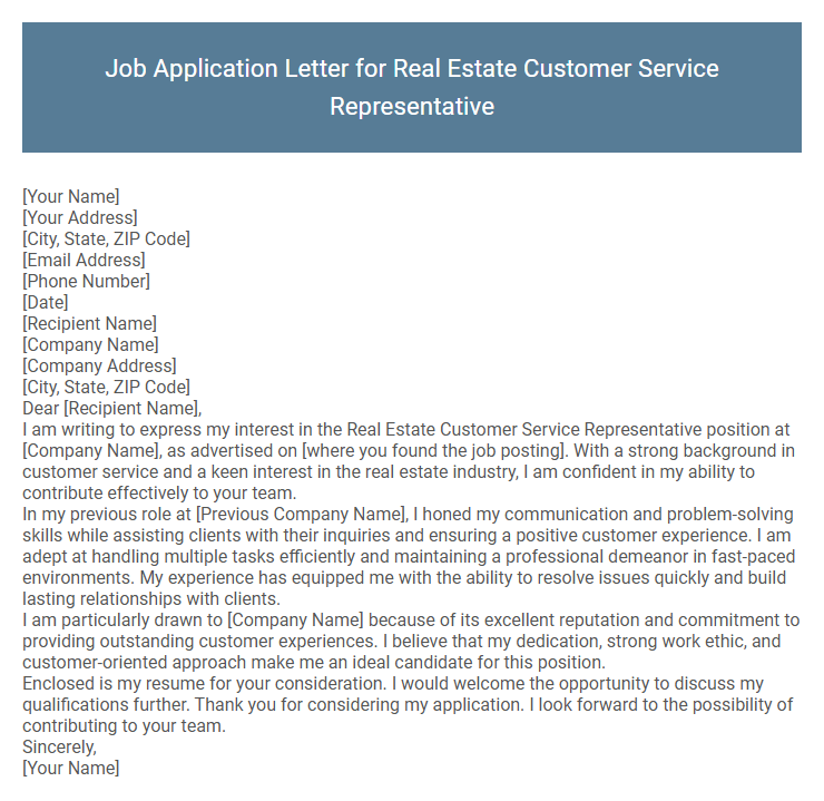 Job Application Letter for Real Estate Customer Service Representative