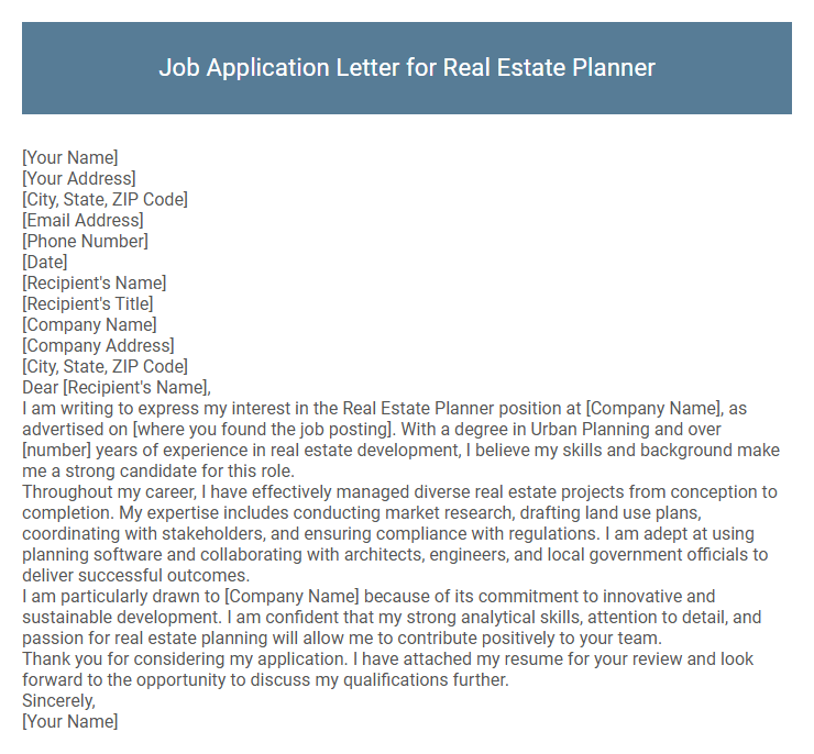 Job Application Letter for Real Estate Planner