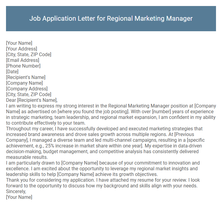 Job Application Letter for Regional Marketing Manager