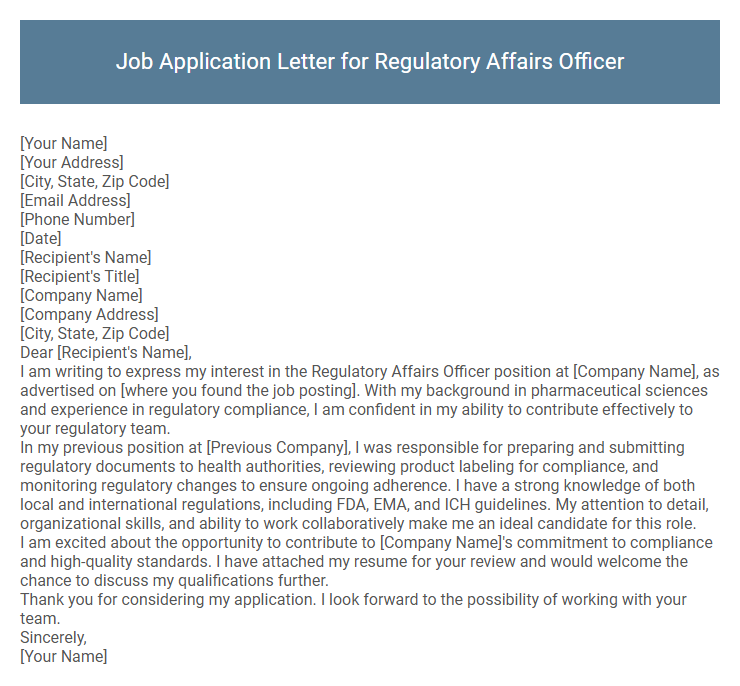 Job Application Letter for Regulatory Affairs Officer