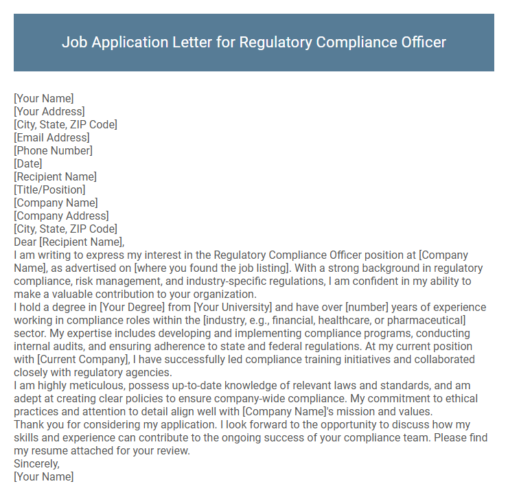 Job Application Letter for Regulatory Compliance Officer