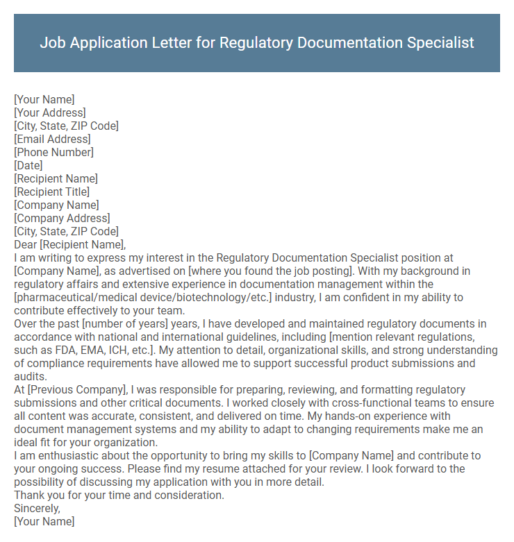 Job Application Letter for Regulatory Documentation Specialist