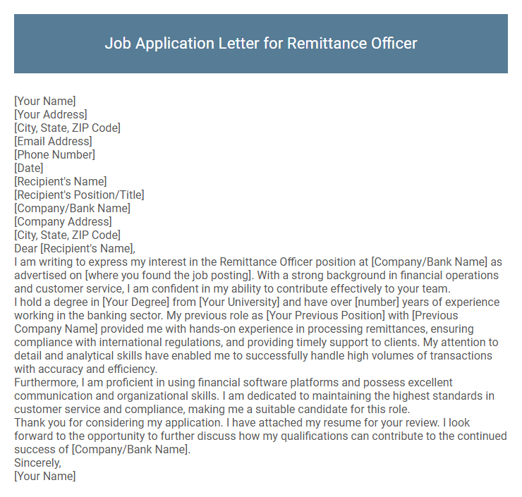 Job Application Letter for Remittance Officer