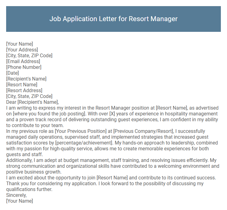 Job Application Letter for Resort Manager