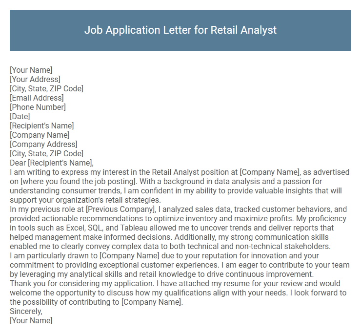 Job Application Letter for Retail Analyst
