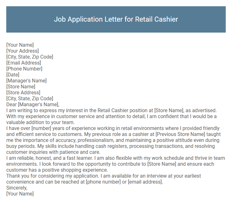 Job Application Letter for Retail Cashier