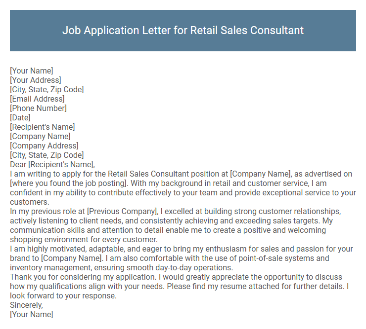 Job Application Letter for Retail Sales Consultant