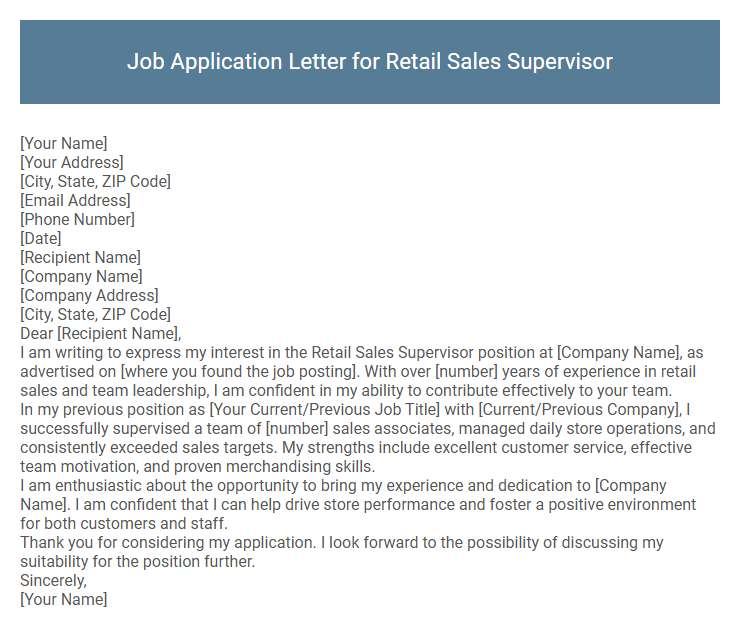 Job Application Letter for Retail Sales Supervisor