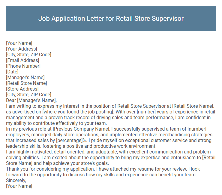 Job Application Letter for Retail Store Supervisor