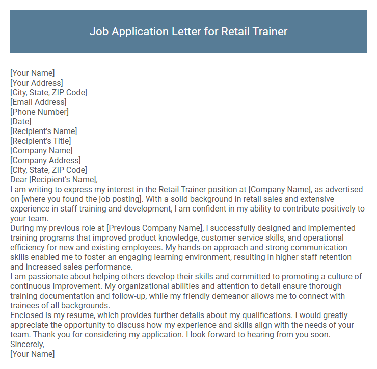 Job Application Letter for Retail Trainer