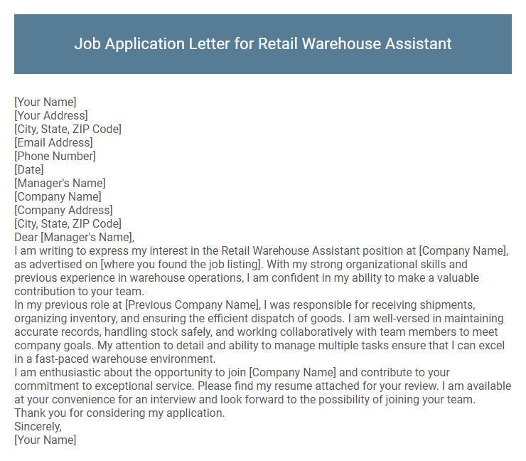Job Application Letter for Retail Warehouse Assistant