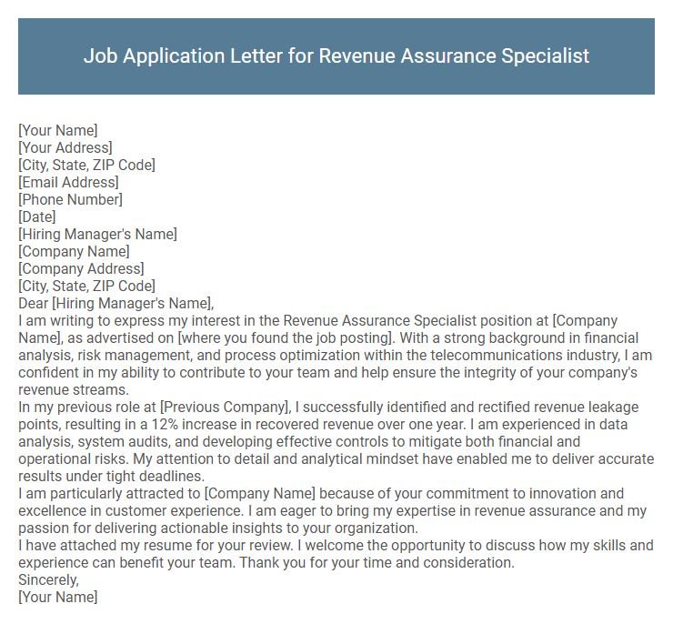 Job Application Letter for Revenue Assurance Specialist