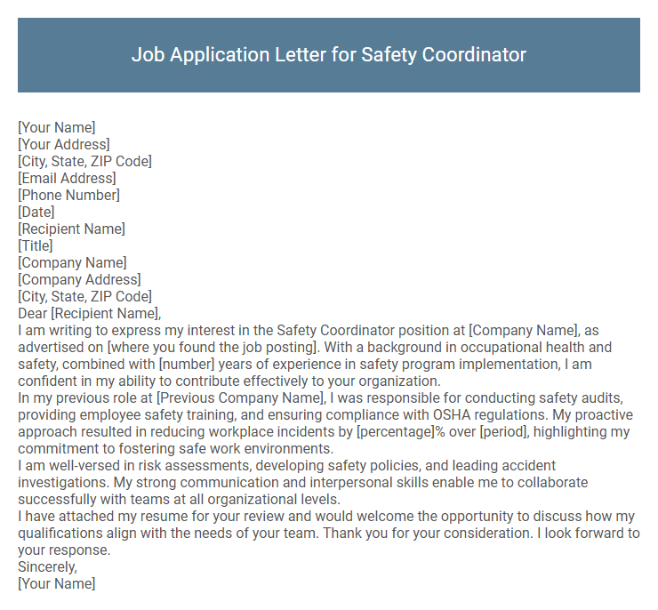 Job Application Letter for Safety Coordinator