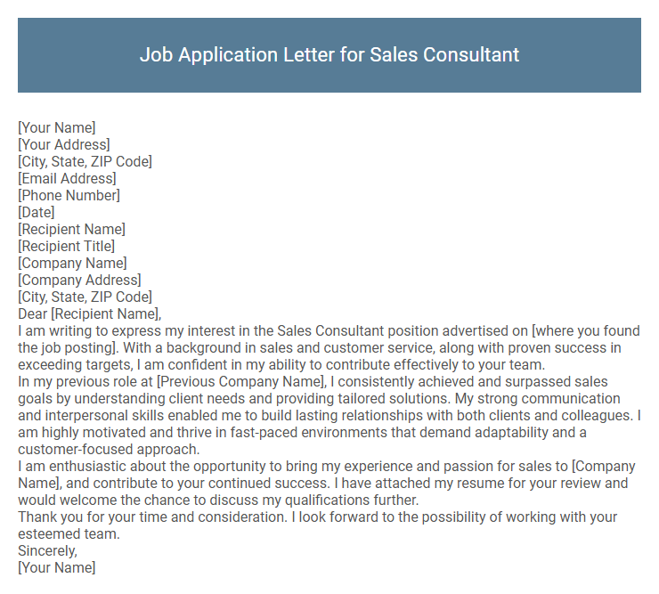 Job Application Letter for Sales Consultant