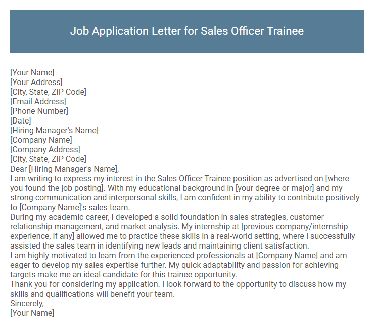 Job Application Letter for Sales Officer Trainee