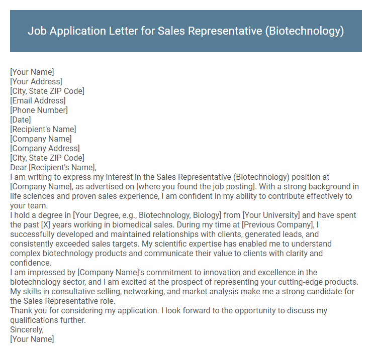 Job Application Letter for Sales Representative (Biotechnology)