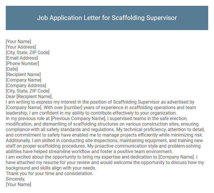 Job Application Letter for Scaffolding Supervisor