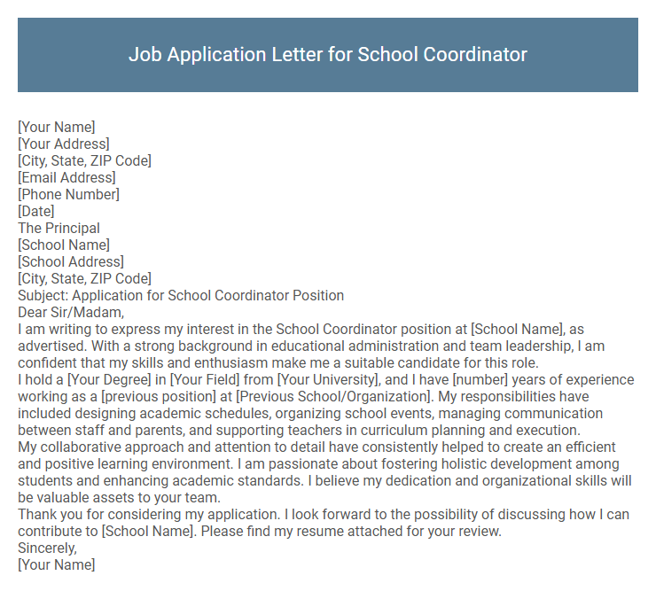 Job Application Letter for School Coordinator