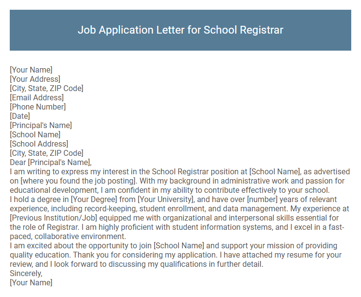 Job Application Letter for School Registrar