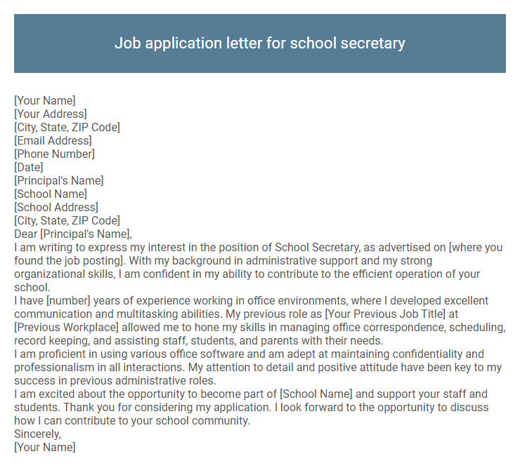 Job application letter for school secretary