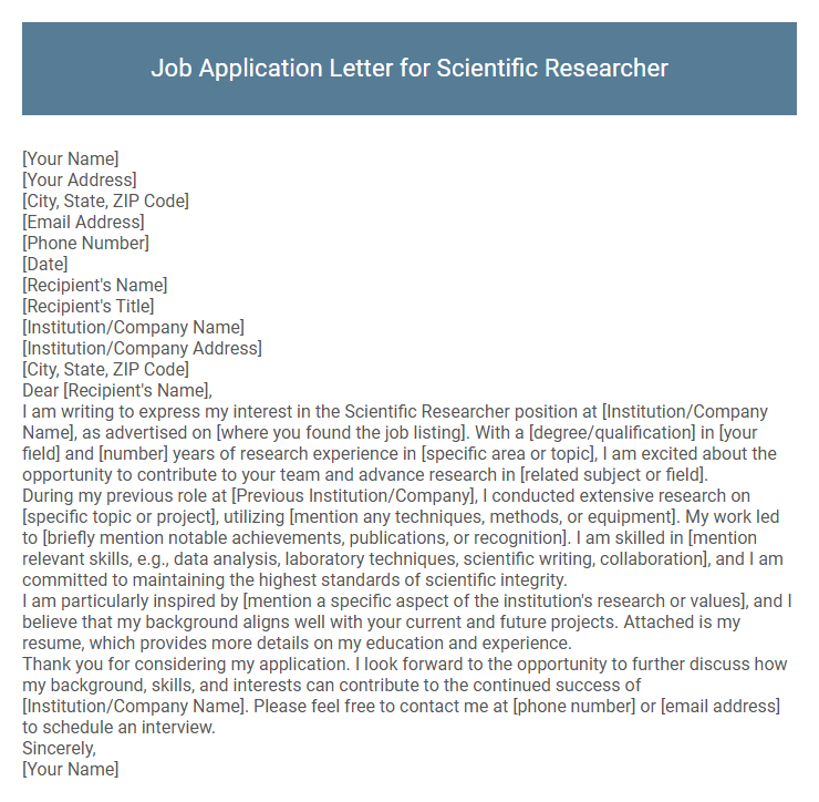 Job Application Letter for Scientific Researcher