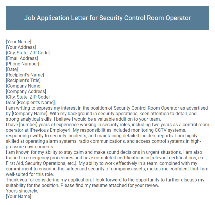 Job Application Letter for Security Control Room Operator