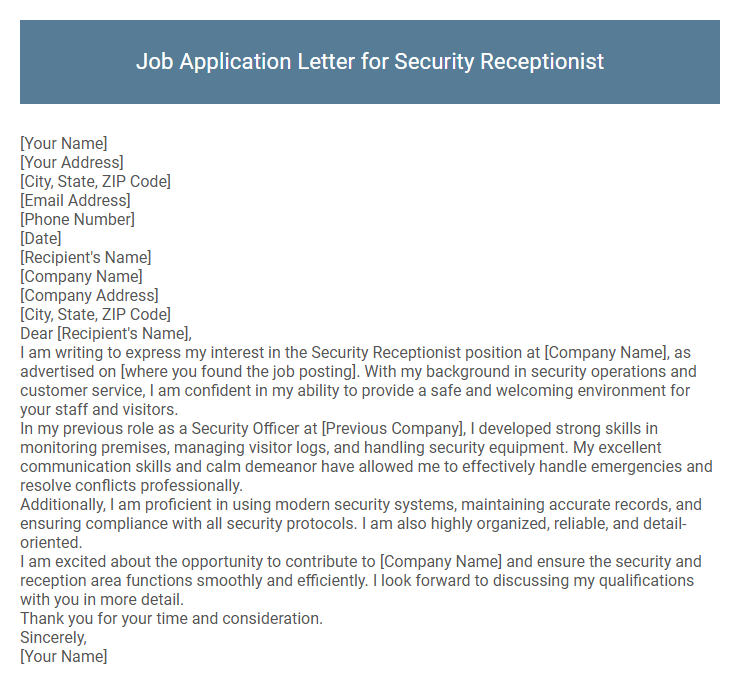 Job Application Letter for Security Receptionist
