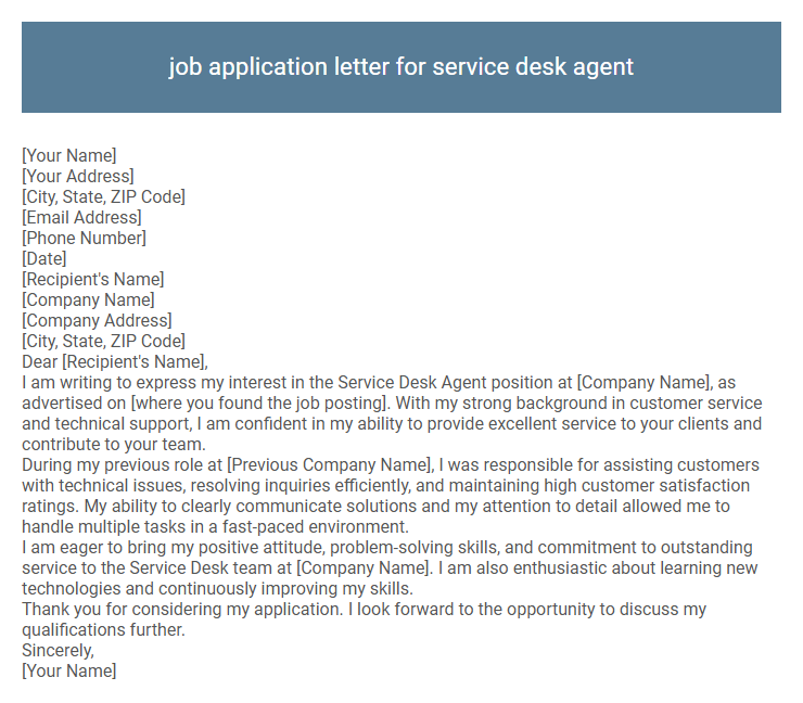 job application letter for service desk agent