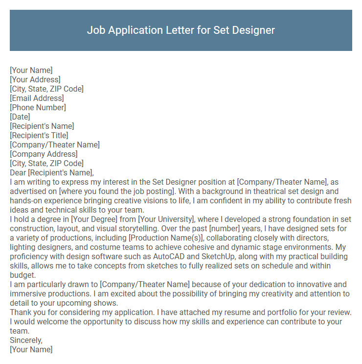 Job Application Letter for Set Designer